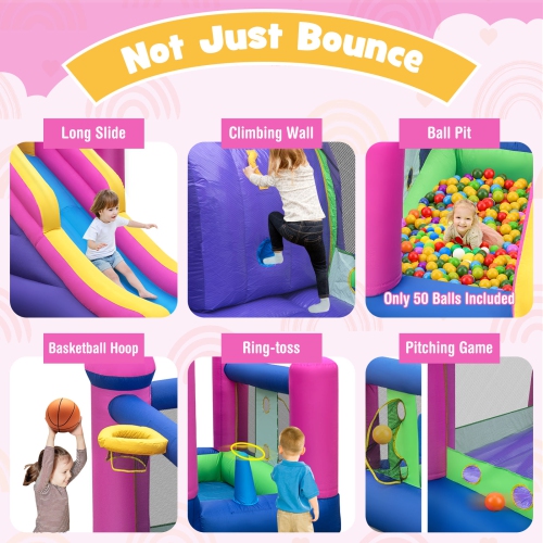 Topbuy Inflatable Bounce Castle 7-in-1 Jumping House with Long Slide Ball Pit Climbing Wall Basketball Hoop Ring-toss Game Pitching Game