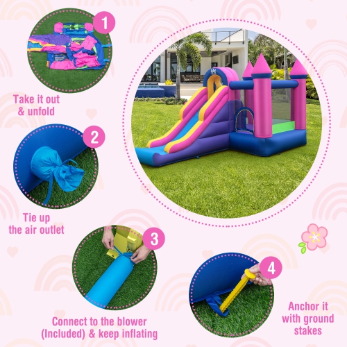 Topbuy Inflatable Bounce Castle 7-in-1 Jumping House with Long Slide Ball Pit Climbing Wall Basketball Hoop Ring-toss Game Pitching Game