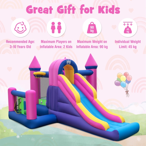 Topbuy Inflatable Bounce Castle 7-in-1 Jumping House with Long Slide Ball Pit Climbing Wall Basketball Hoop Ring-toss Game Pitching Game