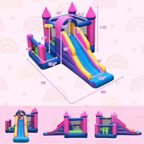 Topbuy Inflatable Bounce Castle 7-in-1 Jumping House with Long Slide Ball Pit Climbing Wall Basketball Hoop Ring-toss Game Pitching Game
