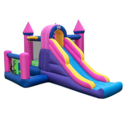 Topbuy Inflatable Bounce Castle 7-in-1 Jumping House with Long Slide Ball Pit Climbing Wall Basketball Hoop Ring-toss Game Pitching Game