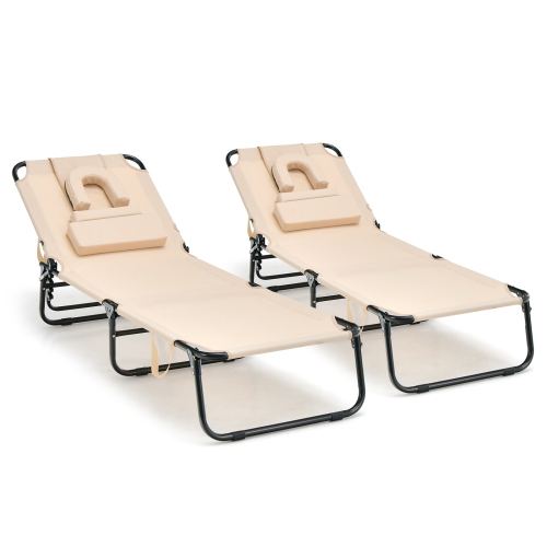 TOPBUY  2PCs Beach Chaise Lounge Chair Adjustable Face Down Tanning Chair W/ Face Hole And Removable Pillow 5 Adjustable Positions