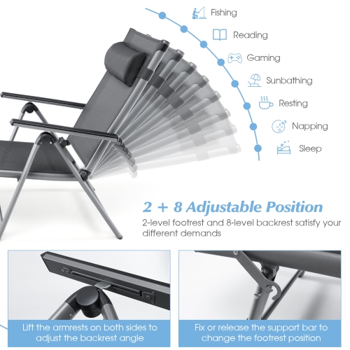 Patiojoy 1PC/2PCS Outdoor Chaise Lounge Chair, Folding Lounge Chair w/ 8-Level Adjustable Backrests Heavy-Duty Aluminum Frame Cozy Headrest Pillow
