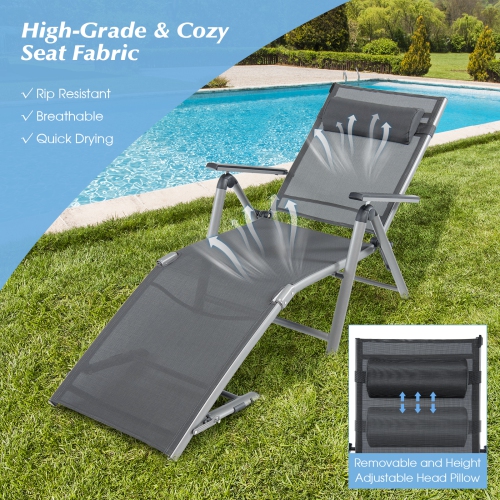 Patiojoy 1PC/2PCS Outdoor Chaise Lounge Chair, Folding Lounge Chair w/ 8-Level Adjustable Backrests Heavy-Duty Aluminum Frame Cozy Headrest Pillow