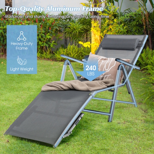 Patiojoy 1PC/2PCS Outdoor Chaise Lounge Chair, Folding Lounge Chair w/ 8-Level Adjustable Backrests Heavy-Duty Aluminum Frame Cozy Headrest Pillow