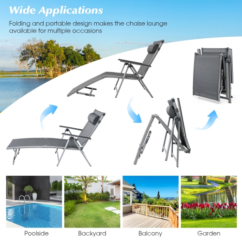 Patiojoy 1PC/2PCS Outdoor Chaise Lounge Chair, Folding Lounge Chair w/ 8-Level Adjustable Backrests Heavy-Duty Aluminum Frame Cozy Headrest Pillow