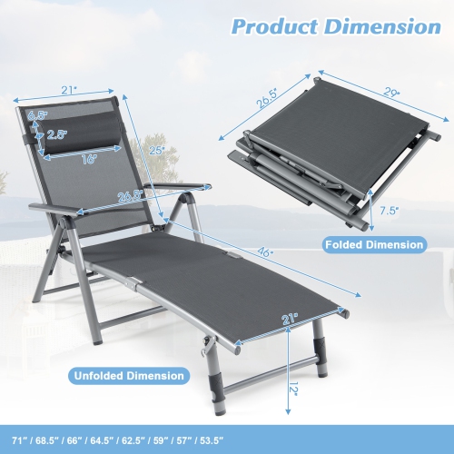 Patiojoy 1PC/2PCS Outdoor Chaise Lounge Chair, Folding Lounge Chair w/ 8-Level Adjustable Backrests Heavy-Duty Aluminum Frame Cozy Headrest Pillow