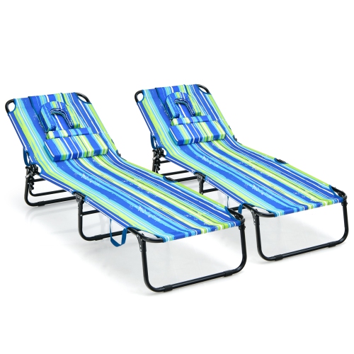 TOPBUY  2PCs Beach Chaise Lounge Chair Adjustable Face Down Tanning Chair W/ Face Hole And Removable Pillow 5 Adjustable Positions