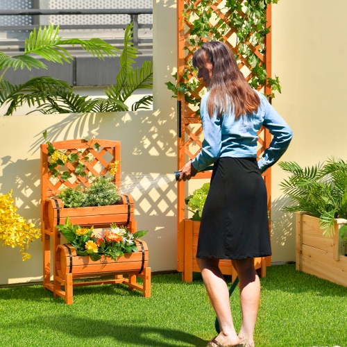 Topbuy 2-Tier Raised Garden Bed with Trellis Wooden Planter Container with 2 Planter Boxes for Climbing Plants Flower Herb Growing