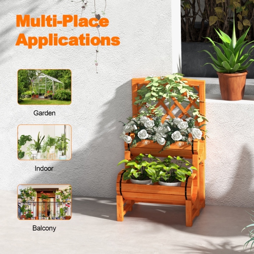 Topbuy 2-Tier Raised Garden Bed with Trellis Wooden Planter Container with 2 Planter Boxes for Climbing Plants Flower Herb Growing