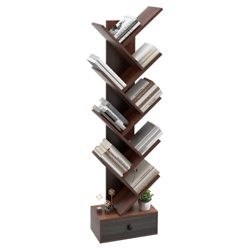 Topbuy 10-tier Tree-shaped Bookshelf with Drawer 59" Wood Bookshelf w/ 10 Compartments Home Organizer Display Shelf Beige/Brown