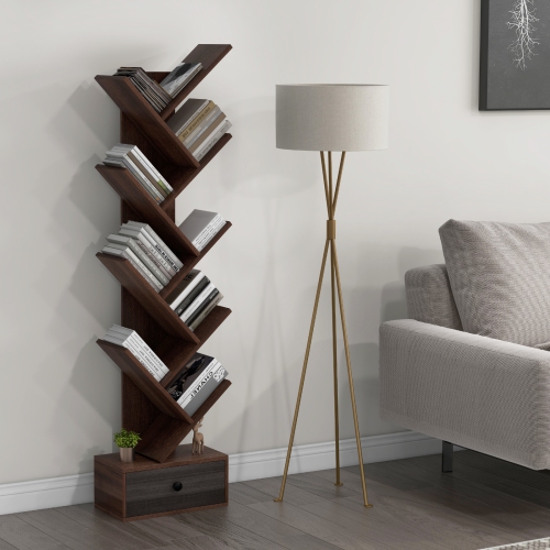 Topbuy 10-tier Tree-shaped Bookshelf with Drawer 59" Wood Bookshelf w/ 10 Compartments Home Organizer Display Shelf Beige/Brown