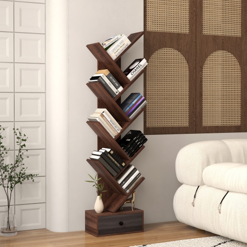 Topbuy 10-tier Tree-shaped Bookshelf with Drawer 59" Wood Bookshelf w/ 10 Compartments Home Organizer Display Shelf Beige/Brown