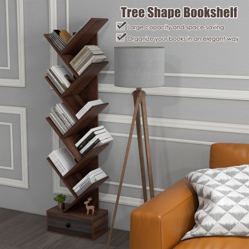 Topbuy 10-tier Tree-shaped Bookshelf with Drawer 59" Wood Bookshelf w/ 10 Compartments Home Organizer Display Shelf Beige/Brown
