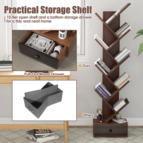 Topbuy 10-tier Tree-shaped Bookshelf with Drawer 59" Wood Bookshelf w/ 10 Compartments Home Organizer Display Shelf Beige/Brown