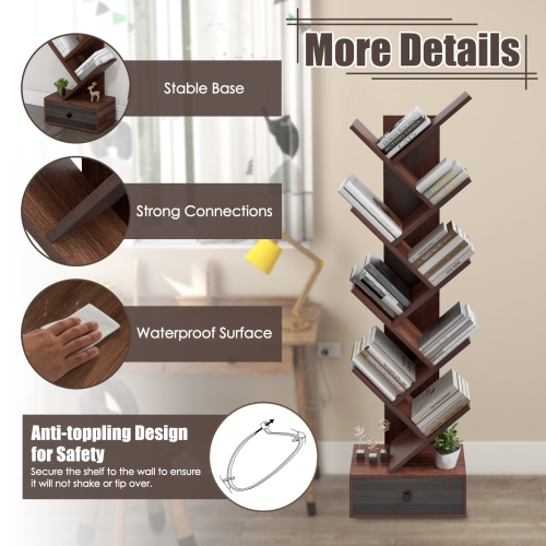 Topbuy 10-tier Tree-shaped Bookshelf with Drawer 59" Wood Bookshelf w/ 10 Compartments Home Organizer Display Shelf Beige/Brown
