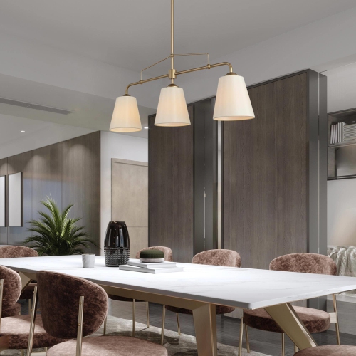 Farmhouse Gold Dining Room Chandelier, 32 in. 3-Light Modern Linear Island Chandelier with Fabric Shades