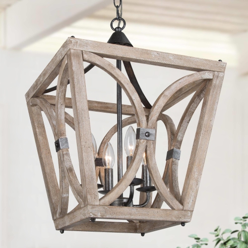 Farmhouse Wood Chandelier, 4-Light Lantern Open Cage Chandelier Ceiling Light