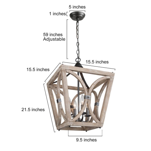 Farmhouse Wood Chandelier, 4-Light Lantern Open Cage Chandelier Ceiling Light