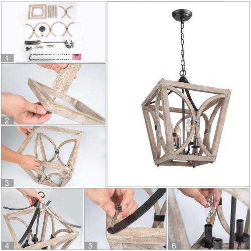 Farmhouse Wood Chandelier, 4-Light Lantern Open Cage Chandelier Ceiling Light