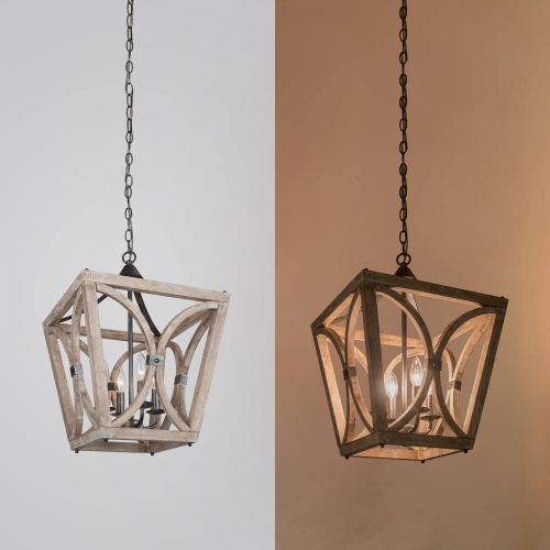 Farmhouse Wood Chandelier, 4-Light Lantern Open Cage Chandelier Ceiling Light
