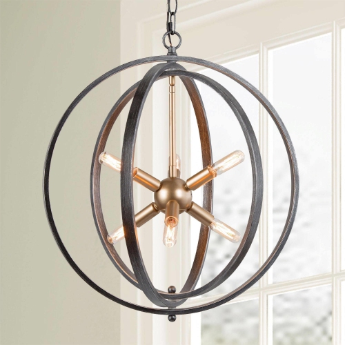 Modern Farmhouse Globe Dining Room Chandelier, 6-Light Circle Brushed Black Chandelier Light