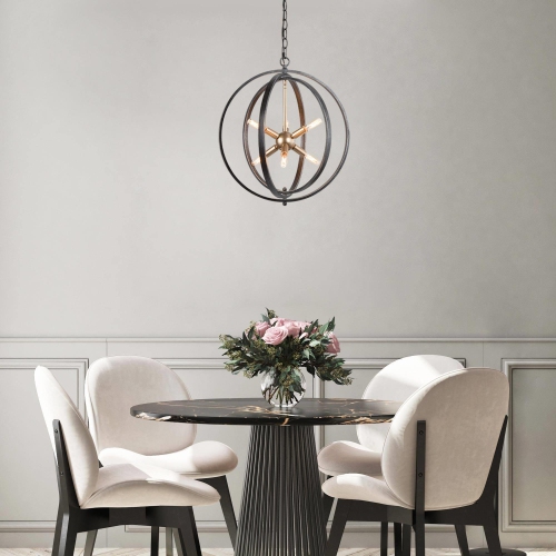 Modern Farmhouse Globe Dining Room Chandelier, 6-Light Circle Brushed Black Chandelier Light