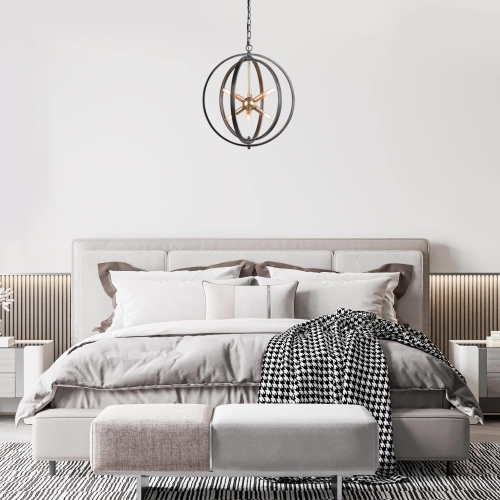 Modern Farmhouse Globe Dining Room Chandelier, 6-Light Circle Brushed Black Chandelier Light