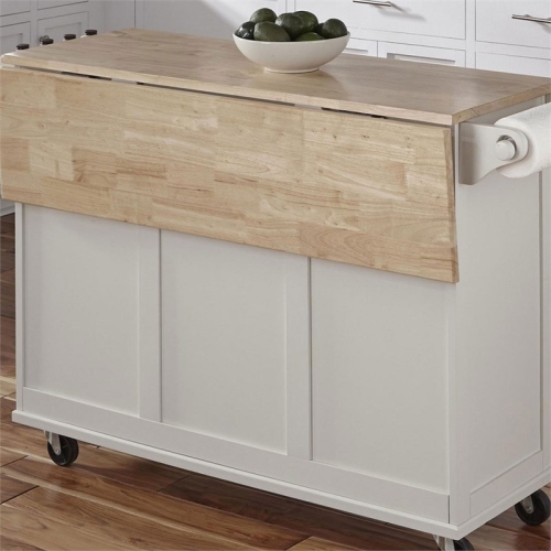Pemberly Row Mobile Kitchen Island Cart w/ Wood Drop Leaf Breakfast Bar in White