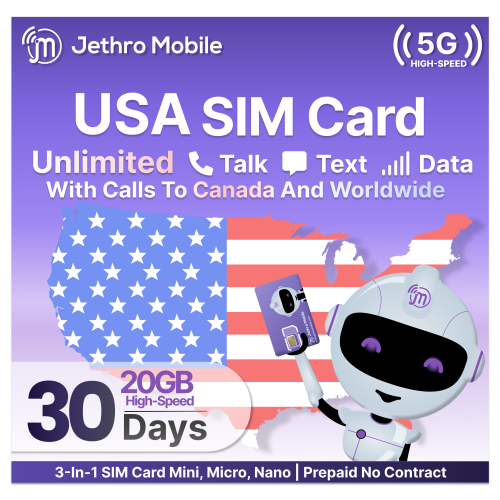 JETHRO MOBILE  Prepaid Usa Travel Sim Card, 4G Lte High-Speed Data, Unlimited Talk And Text, No Contract, 30 Days