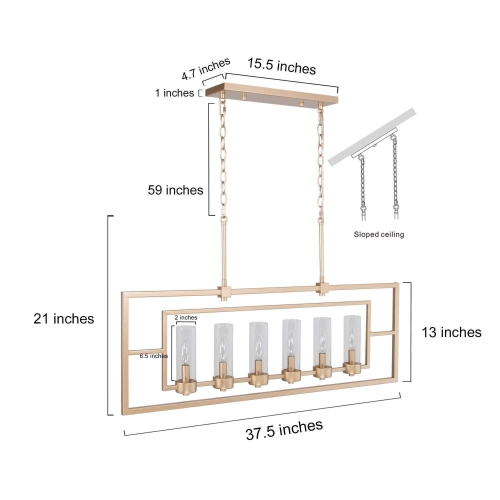 Lustre d'îlot de cuisine linéaire moderne lustre rectangulaire doré à 6 lumières avec abat-jour en verre transparent