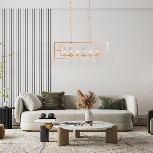 Lustre d'îlot de cuisine linéaire moderne lustre rectangulaire doré à 6 lumières avec abat-jour en verre transparent