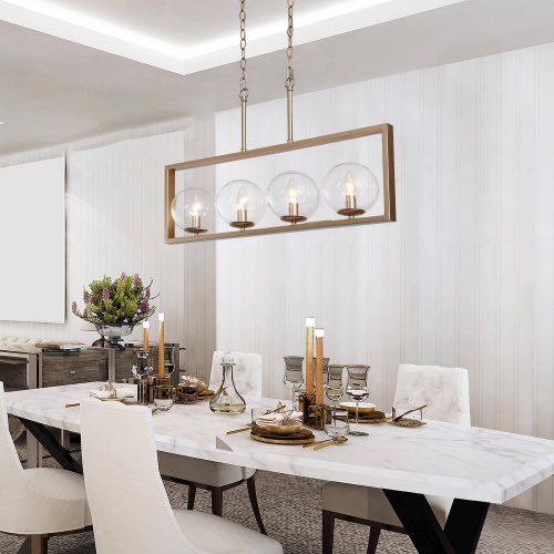 Modern Gold Kitchen Chandelier, 4-Light Matte Gold Finish In Rectangular Frame Modern/Contemporary Seeded Glass Linear LED Hanging Kitchen Island