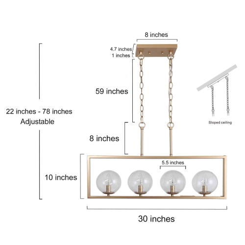 Modern Gold Kitchen Chandelier, 4-Light Matte Gold Finish In Rectangular Frame Modern/Contemporary Seeded Glass Linear LED Hanging Kitchen Island