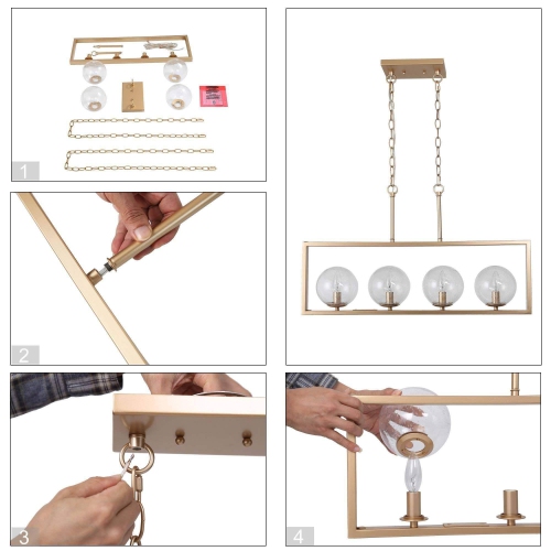 Modern Gold Kitchen Chandelier, 4-Light Matte Gold Finish In Rectangular Frame Modern/Contemporary Seeded Glass Linear LED Hanging Kitchen Island