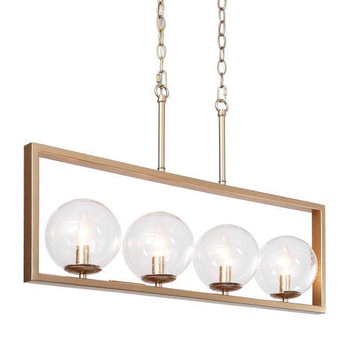 Modern Gold Kitchen Chandelier, 4-Light Matte Gold Finish In Rectangular Frame Modern/Contemporary Seeded Glass Linear LED Hanging Kitchen Island