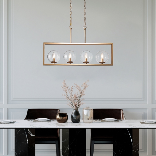 Modern Gold Kitchen Chandelier, 4-Light Matte Gold Finish In Rectangular Frame Modern/Contemporary Seeded Glass Linear LED Hanging Kitchen Island