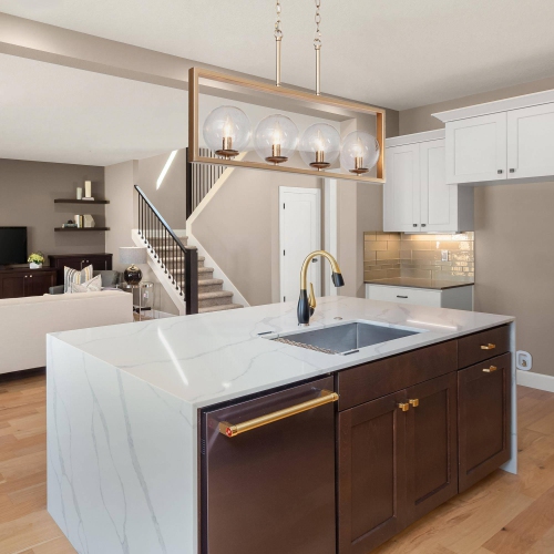 Modern Gold Kitchen Chandelier, 4-Light Matte Gold Finish In Rectangular Frame Modern/Contemporary Seeded Glass Linear LED Hanging Kitchen Island