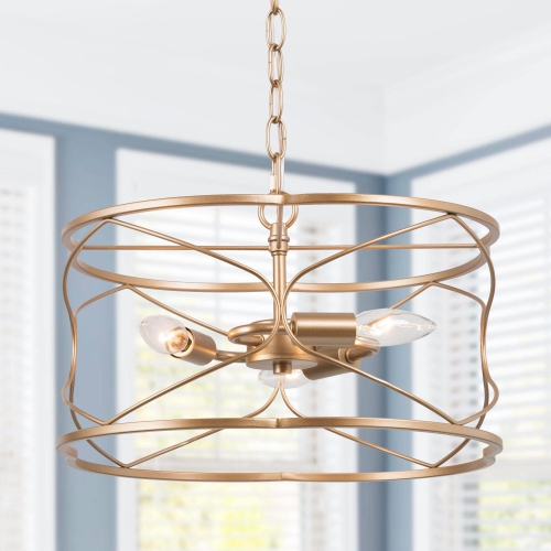 Modern Drum Chandelier Pendant Light 16 in. 3-Light Brass Gold Farmhouse Cage Kitchen Chandelier