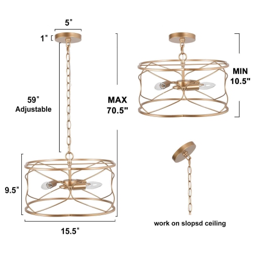 Modern Drum Chandelier Pendant Light 16 in. 3-Light Brass Gold Farmhouse Cage Kitchen Chandelier