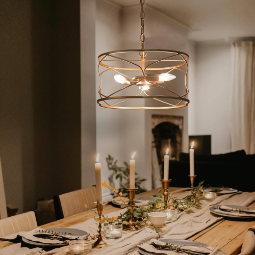 Modern Drum Chandelier Pendant Light 16 in. 3-Light Brass Gold Farmhouse Cage Kitchen Chandelier