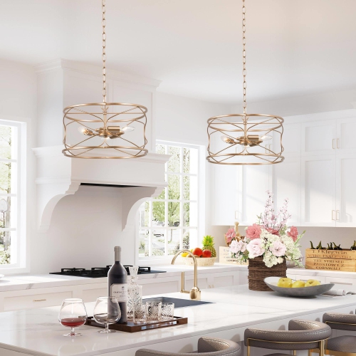 Modern Drum Chandelier Pendant Light 16 in. 3-Light Brass Gold Farmhouse Cage Kitchen Chandelier
