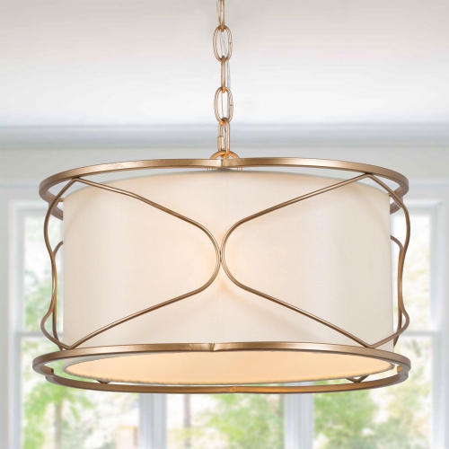 UOLFIN  Modern Brass Cage Chandelier, 3-Light Bedroom Drum Semi Flush Mount Light With Fabric Shade In Gold