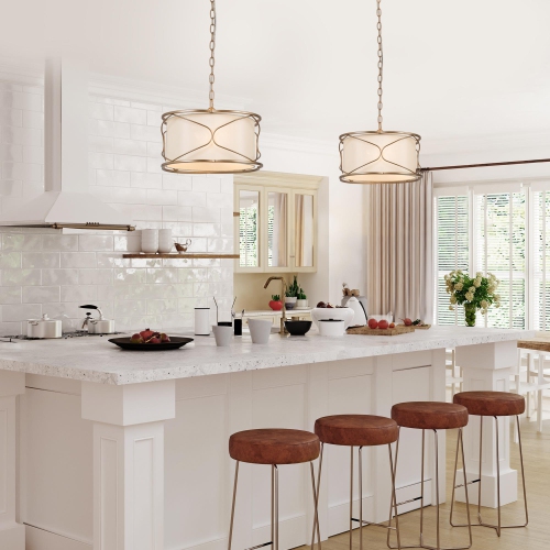 Modern Brass Gold Cage Chandelier, 3-Light Bedroom Drum Semi Flush Mount Light with Fabric Shade