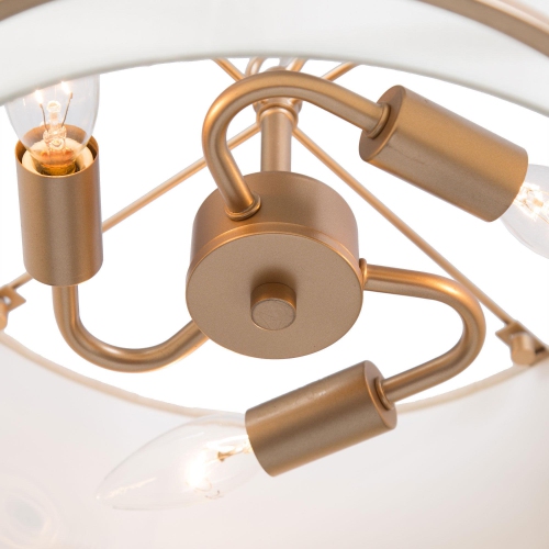 Modern Brass Gold Cage Chandelier, 3-Light Bedroom Drum Semi Flush Mount Light with Fabric Shade