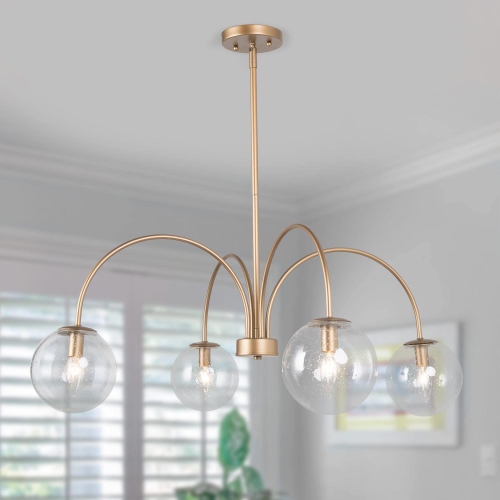 Modern Gold Dining Room Chandelier, 31.5" 4-Light Sputnik Globe Bedroom Flush Mount for Kitchen