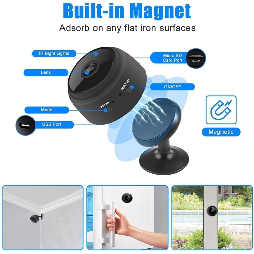 Mini caméra magnétique WiFi sans fil 1080p pour la sécurité de la maison intelligente avec application de téléphone vidéo en direct, détection de