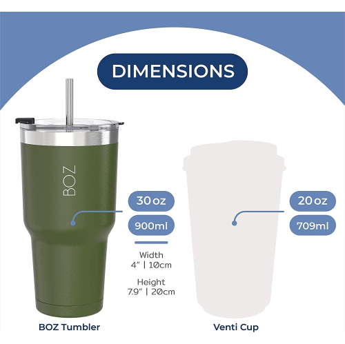 BOZ Stainless Steel Tumbler with Straw BPA Free, Vacuum Double Wall Insulated (Dark Green)