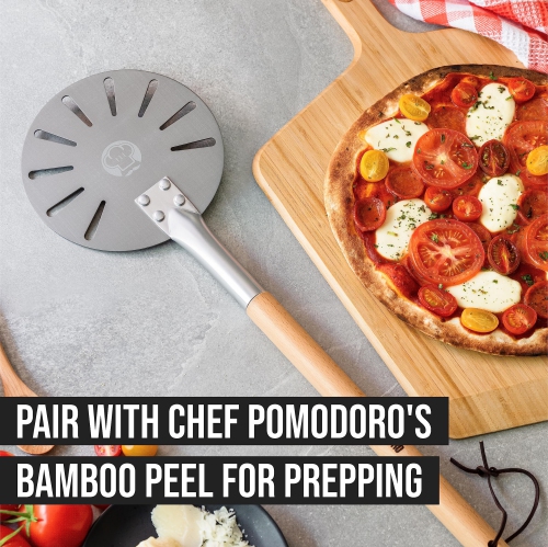 Chef Pomodoro Aluminum Turning Pizza Peel with Detachable Wood Handle for Easy Storage, Gourmet Luxury Pizza Paddle for Baking Homemade Pizza Bread