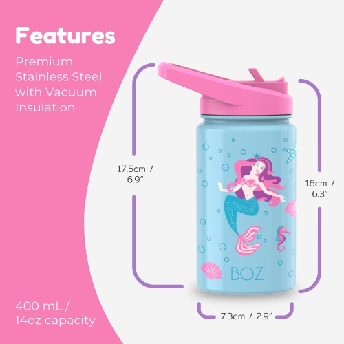 BOZ Kids Insulated Water Bottle with Straw Lid, Stainless Steel Vacuum Double Wall Water Cup, 14 oz. Scratch-Resistant, BPA-Free and Dishwasher-Safe